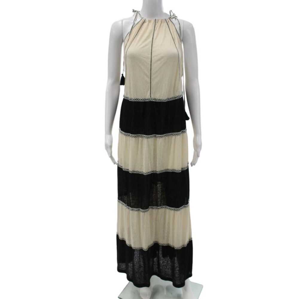 Pitusa Women Maxi Dress Beige Striped Halter Sleeveless Bohemian Size One Size